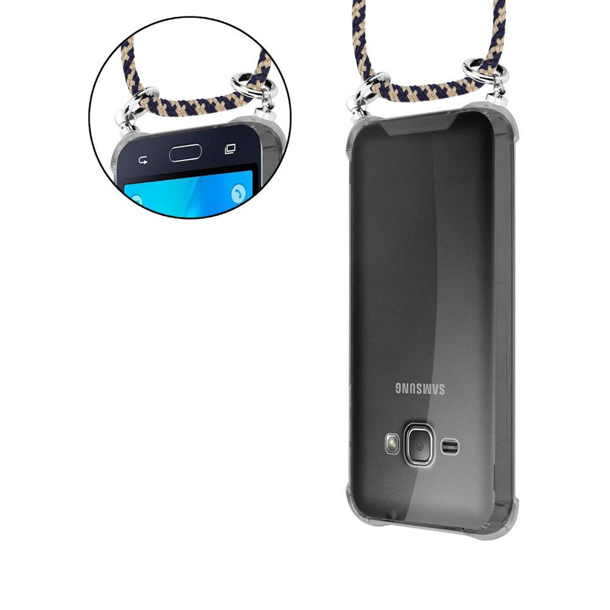CADORABO Handy Kette mit Silber Samsung, und DUNKELBLAU Galaxy Ringen, abnehmbarer Hülle, Kordel GELB 2016, J1 Band Backcover