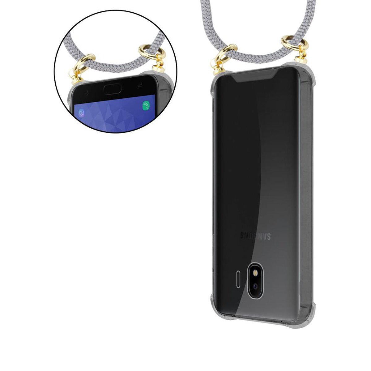 CADORABO Handy Kette mit Hülle, Kordel Band Galaxy SILBER GRAU J4 Backcover, 2018, abnehmbarer Ringen, und Samsung, Gold