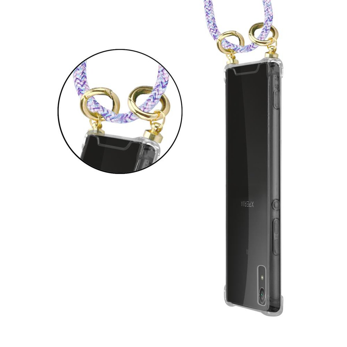 Ein Telefon in einer Hülle mit einem Umhängeband. Nahaufnahme zeigt das Detail des Umhängebands.