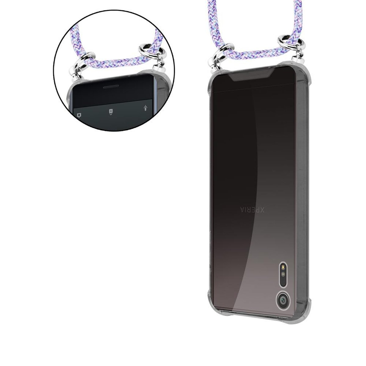 Smartphone in una custodia trasparente con cordino. Lo schermo è acceso. Lo sfondo è bianco.