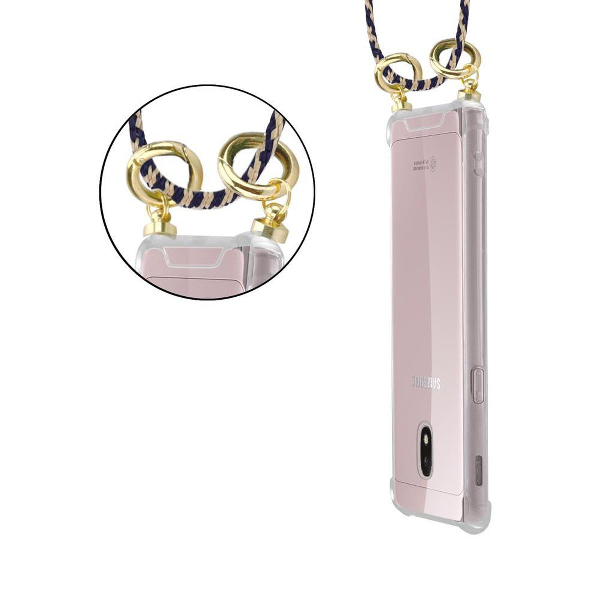 Un telefono rosa in una custodia trasparente con un cordino dorato e blu navy è mostrato. Viene mostrato un primo piano del cordino.