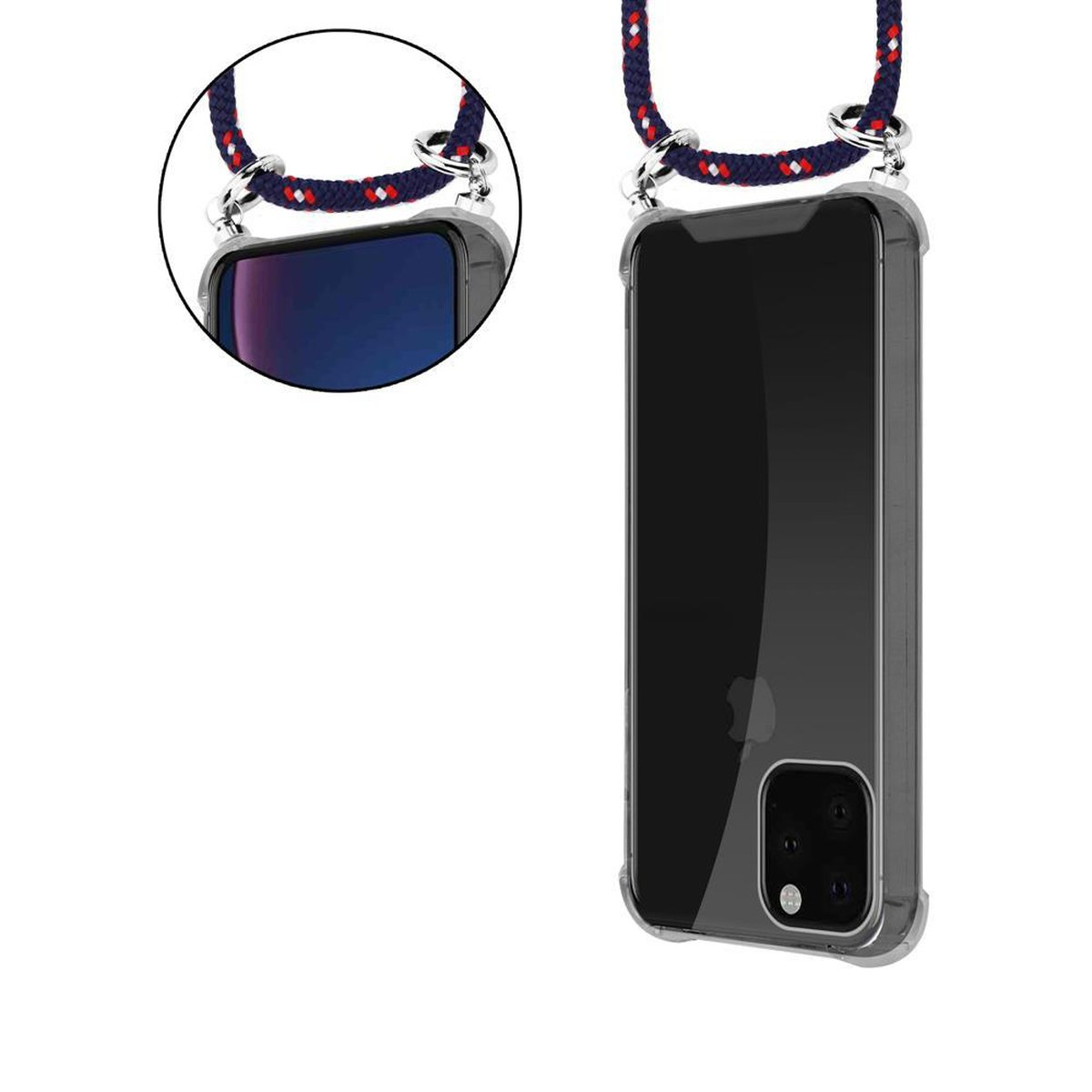 Custodia per telefono con corda rossa e blu. Il telefono è nero con il logo Apple e fotocamera.