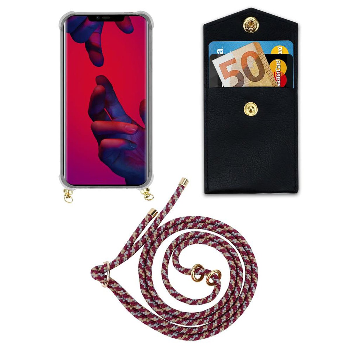 CADORABO Handy Kette mit WEIß MATE abnehmbarer PRO, Backcover, Huawei, Ringen, und GELB Kordel ROT Hülle, Band 20 Gold