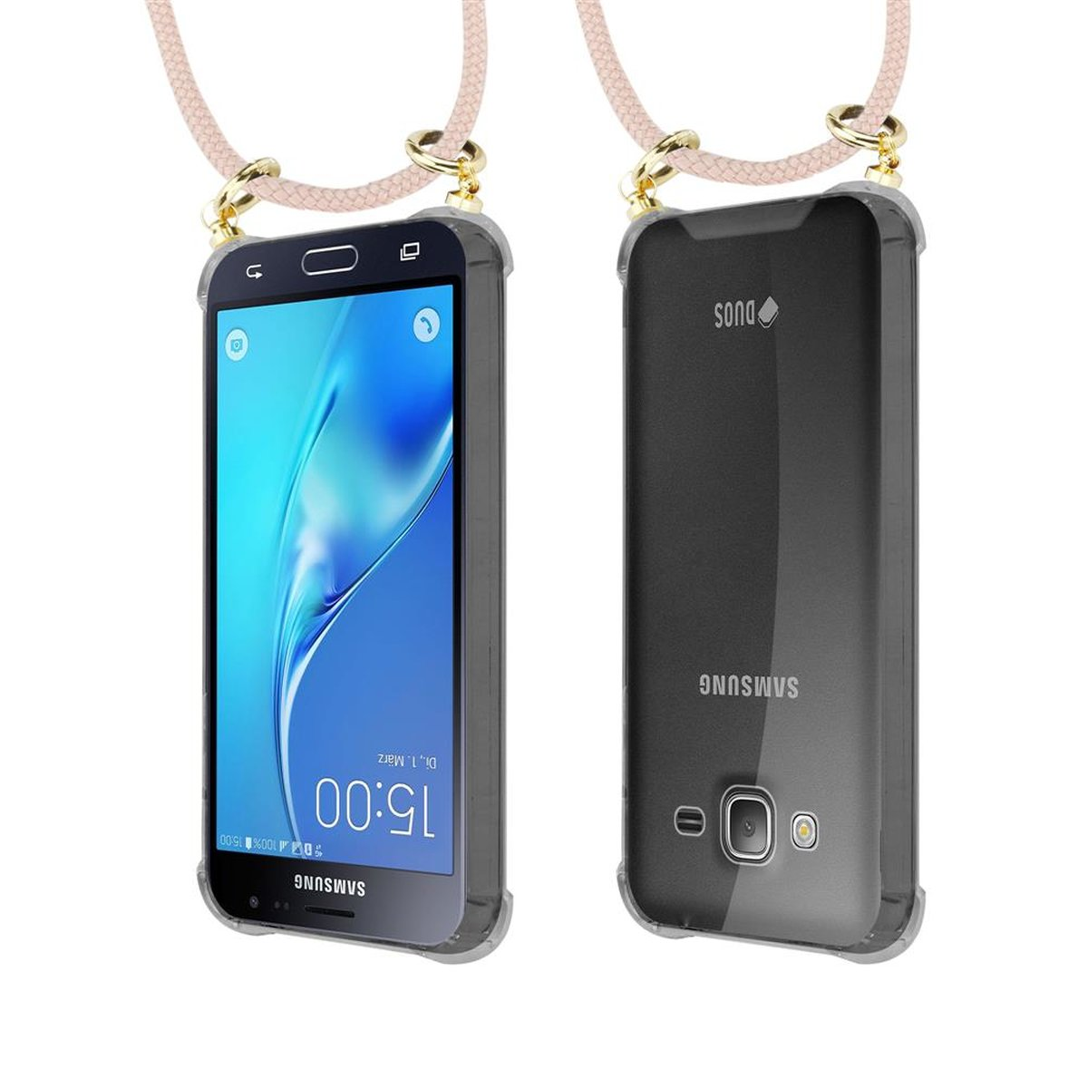 CADORABO Handy Kette mit Gold Backcover, 2016, J3 Galaxy PERLIG Hülle, Band Samsung, Ringen, ROSÉGOLD abnehmbarer Kordel und