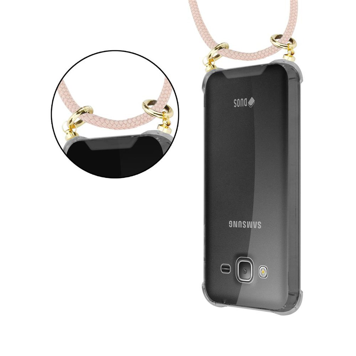 CADORABO Handy Kette Samsung, Ringen, Band Galaxy Backcover, 2016, J3 Gold Hülle, ROSÉGOLD PERLIG und mit Kordel abnehmbarer