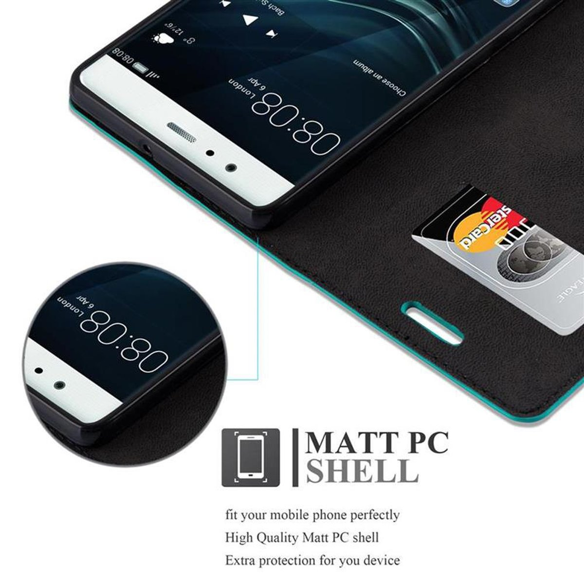 Teléfono con funda abierta, mostrando pantalla y tarjeta. La hora mostrada es 08:08.