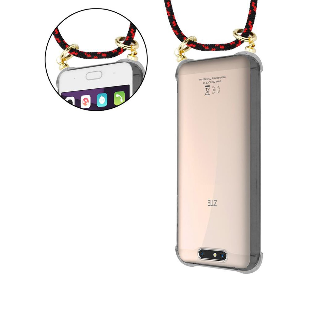 Handyhülle mit Lanyard. Der Telefonbildschirm ist sichtbar. Die Rückseite des Telefons ist sichtbar.