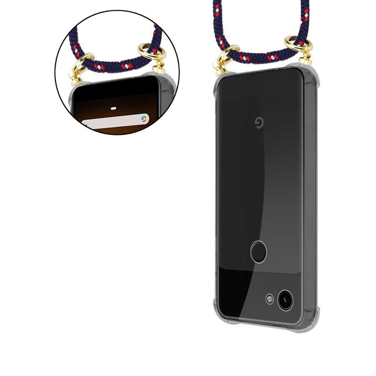 CADORABO Handy Kette mit Gold Google, PIXEL Hülle, ROT und abnehmbarer Band BLAU Backcover, GEPUNKTET Kordel Ringen, 3A, WEIß