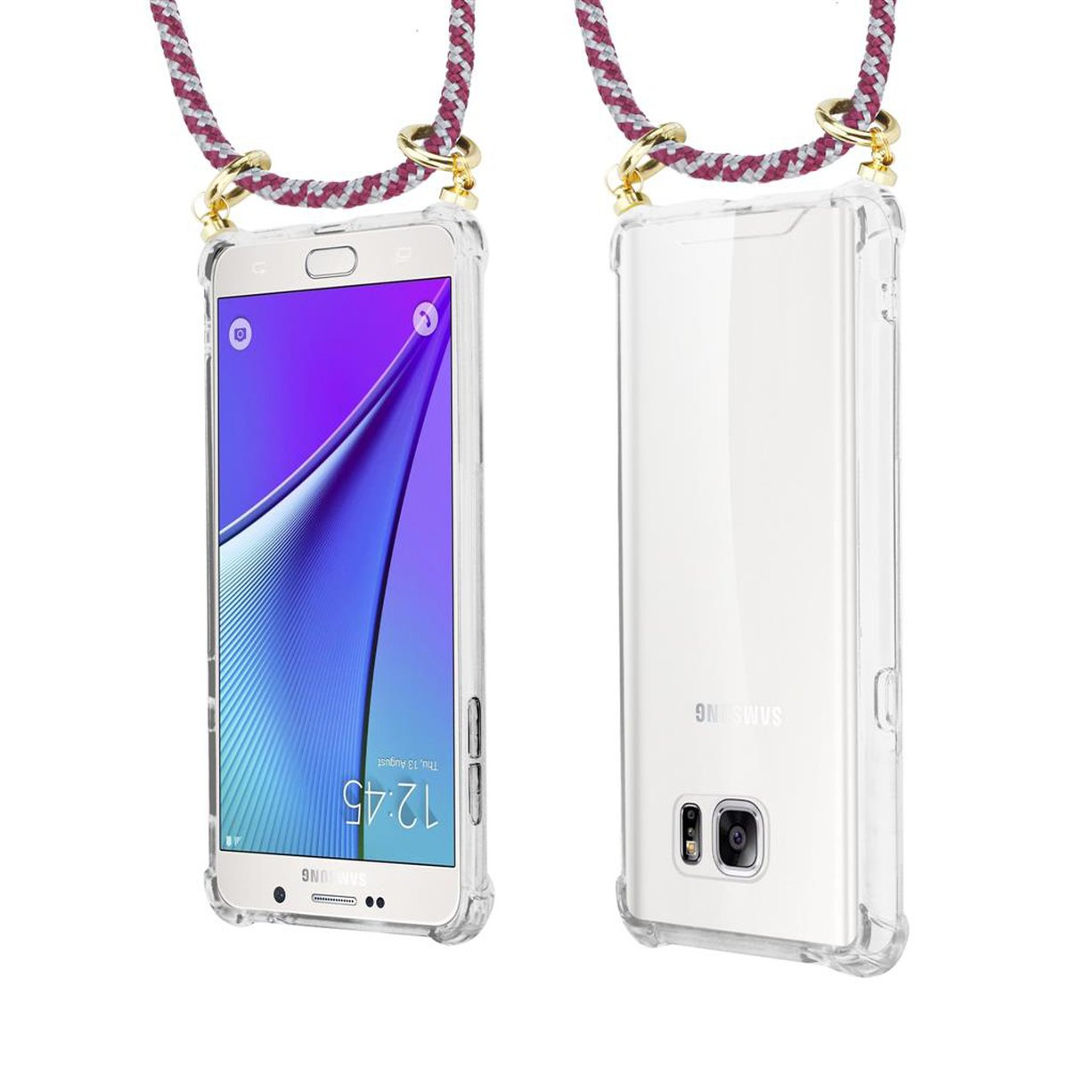 CADORABO Handy Kette Kordel Hülle, und WEIß mit NOTE Galaxy Band 5, ROT Samsung, Backcover, Gold abnehmbarer Ringen