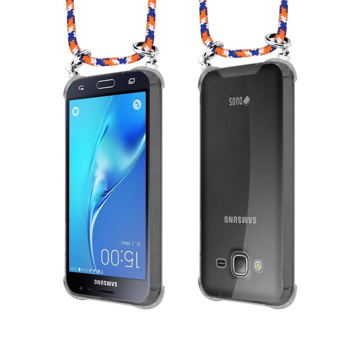 Galaxy Backcover, Kordel 2016, Samsung, J3 abnehmbarer Ringen, Hülle, Silber Handy Band WEIß und BLAU Kette ORANGE mit CADORABO