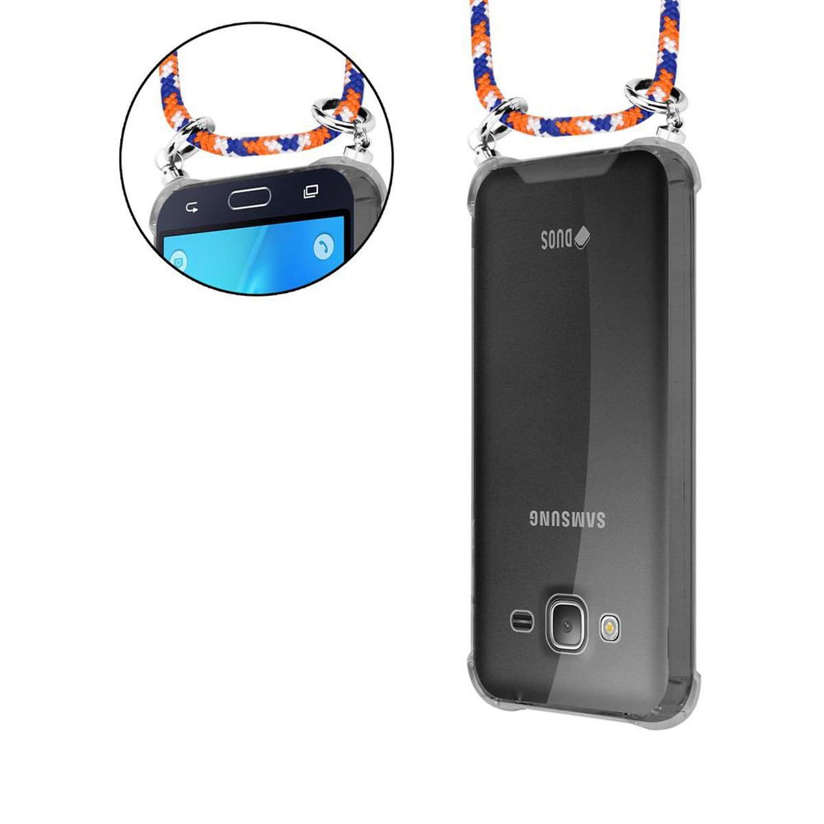 J3 CADORABO Ringen, Silber Samsung, Galaxy Handy mit ORANGE Band Kette WEIß und abnehmbarer Backcover, BLAU Hülle, Kordel 2016,