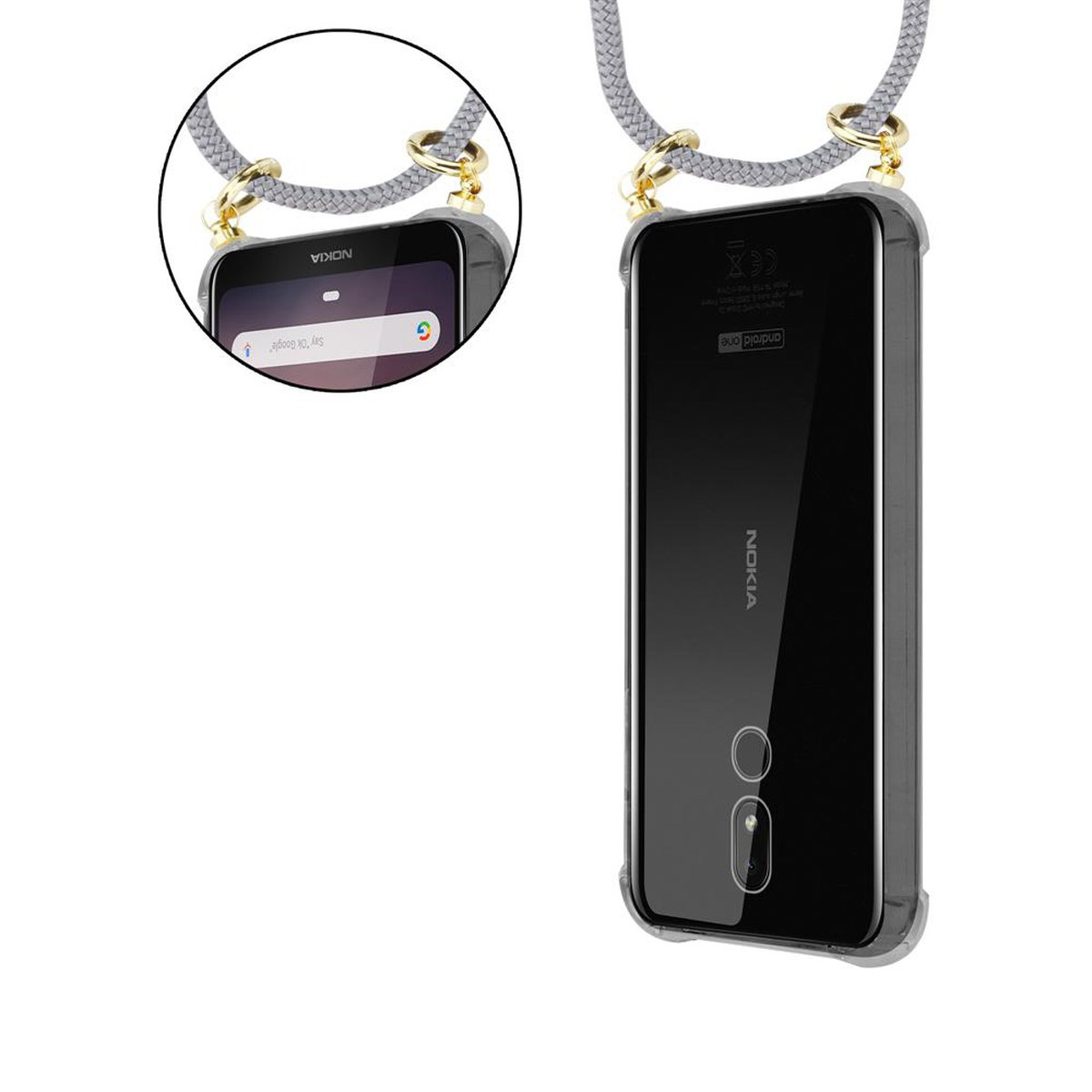 CADORABO Handy Band Kordel Nokia, SILBER 3.2, Gold Backcover, GRAU abnehmbarer mit Kette und Ringen, Hülle