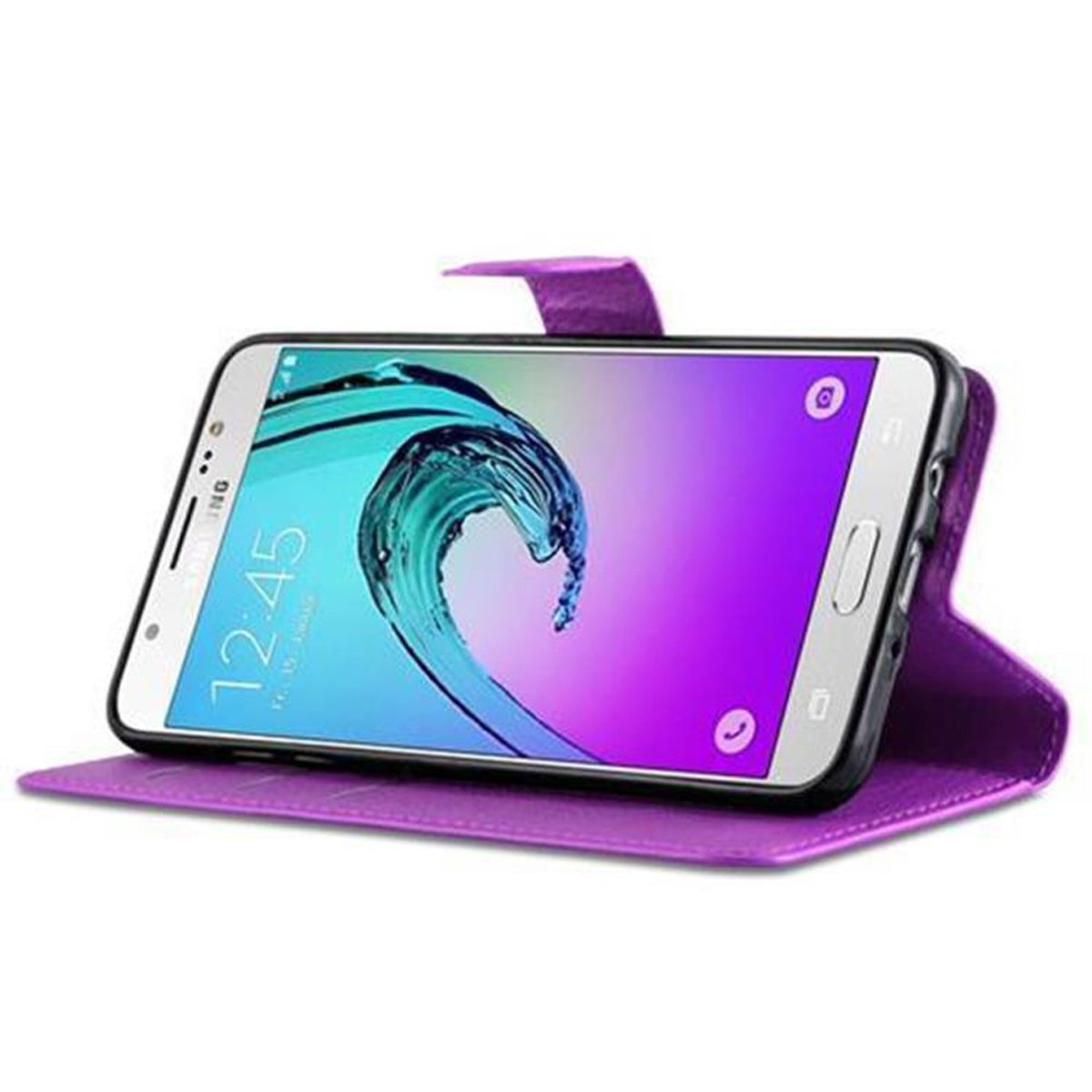 Custodia per telefono viola, con un telefono all'interno, su sfondo bianco.