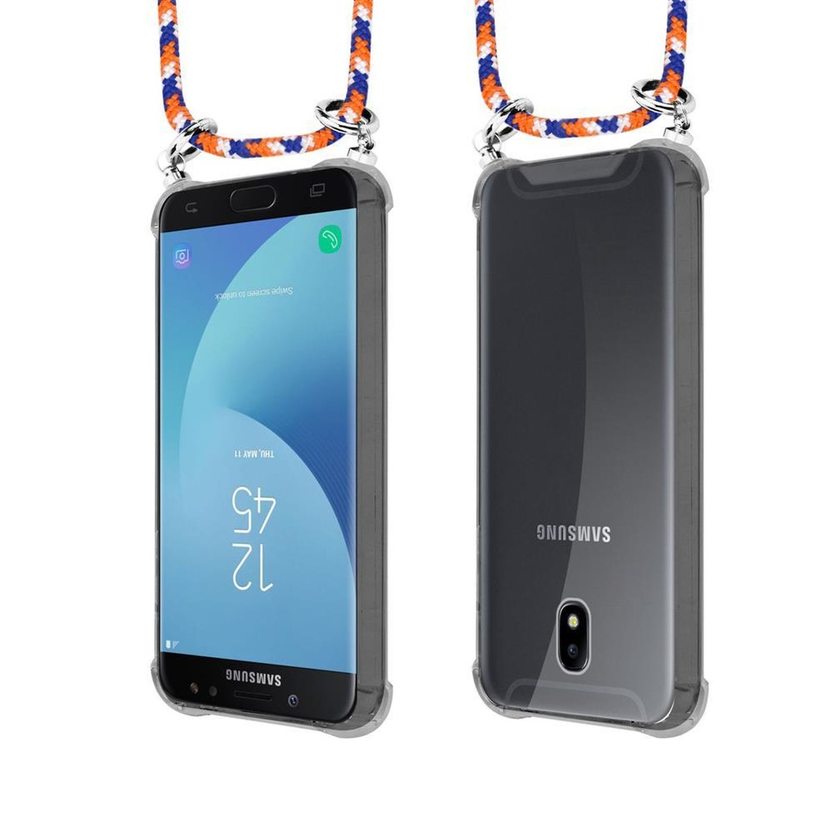 CADORABO Handy Backcover, Galaxy J7 Silber Band 2017, und Hülle, Samsung, Kette abnehmbarer mit WEIß Ringen, BLAU ORANGE Kordel