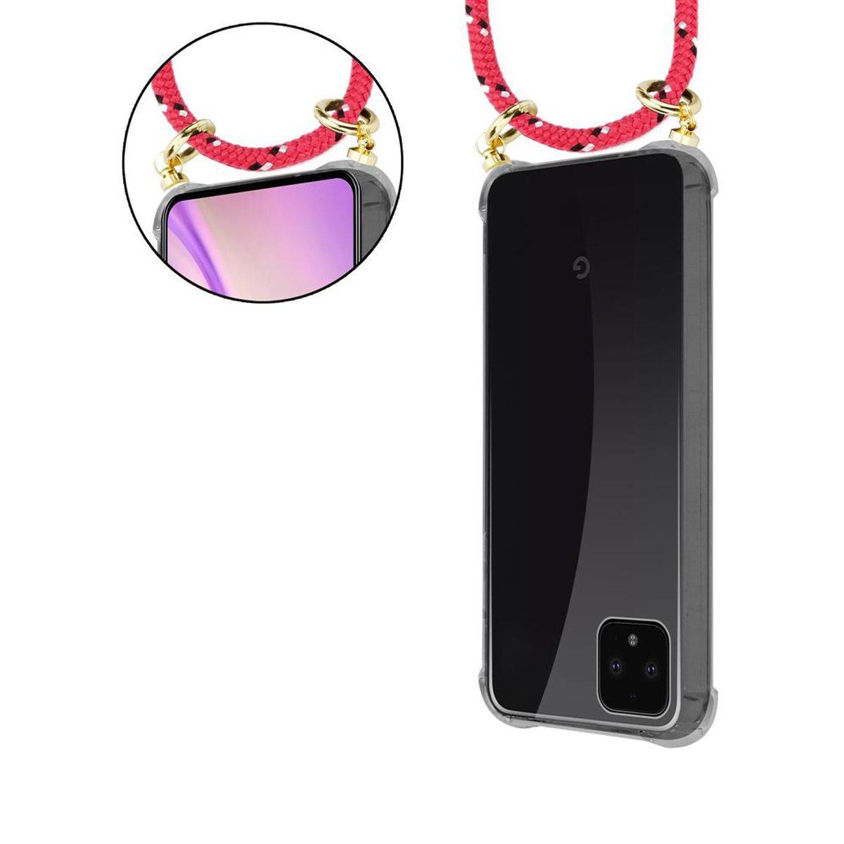 Handyhülle mit Lanyard, roter Kordel und goldenen Ringen.