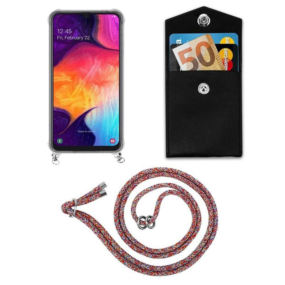 CADORABO Galaxy Handy A50s abnehmbarer Hülle, Silber Kordel Samsung, A30s, und Ringen, / PARROT 4G COLORFUL Band Kette / A50 Backcover, mit