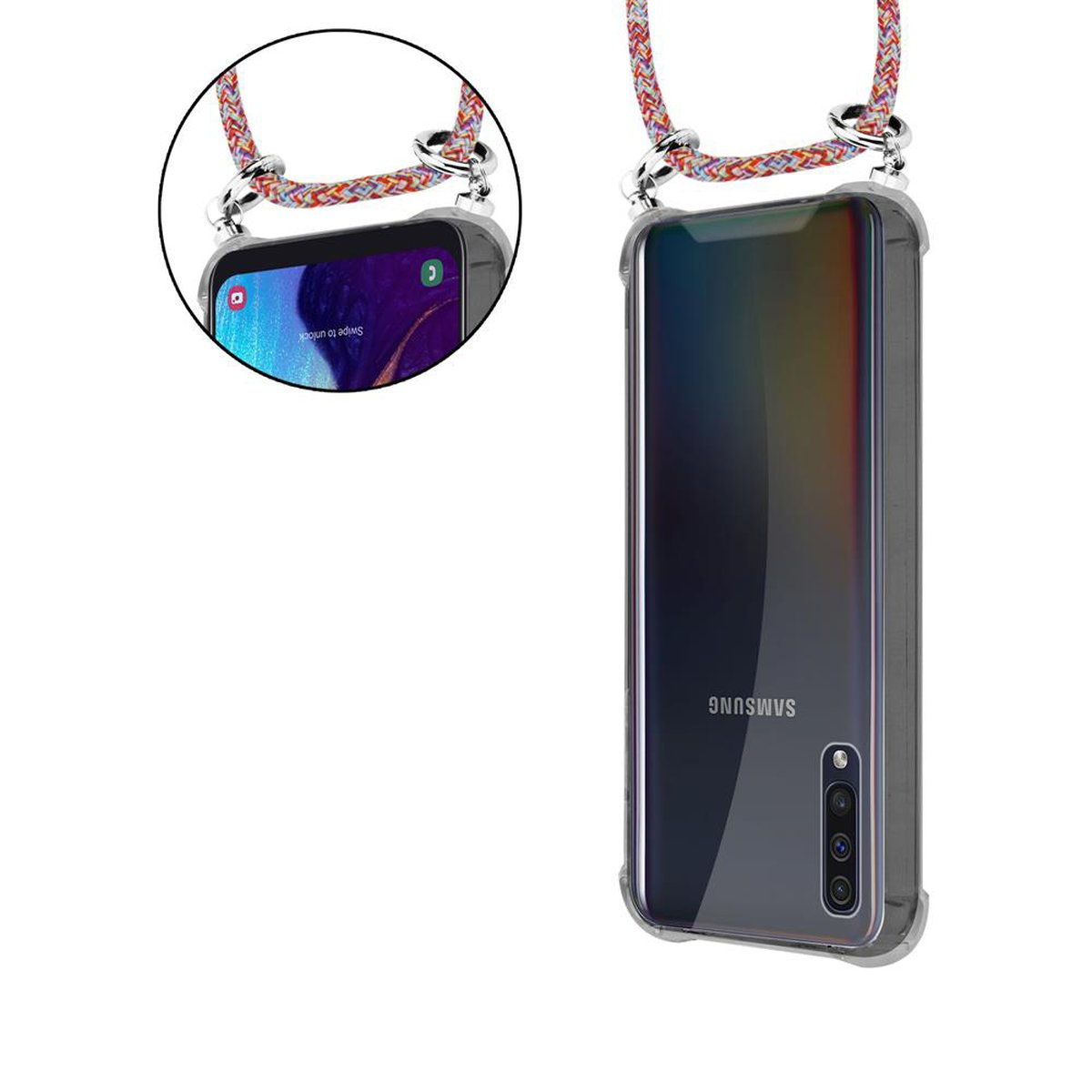 Samsung, CADORABO / / Ringen, A50 und Silber Backcover, Handy A30s, PARROT Band Galaxy abnehmbarer mit Kette A50s Hülle, Kordel 4G COLORFUL