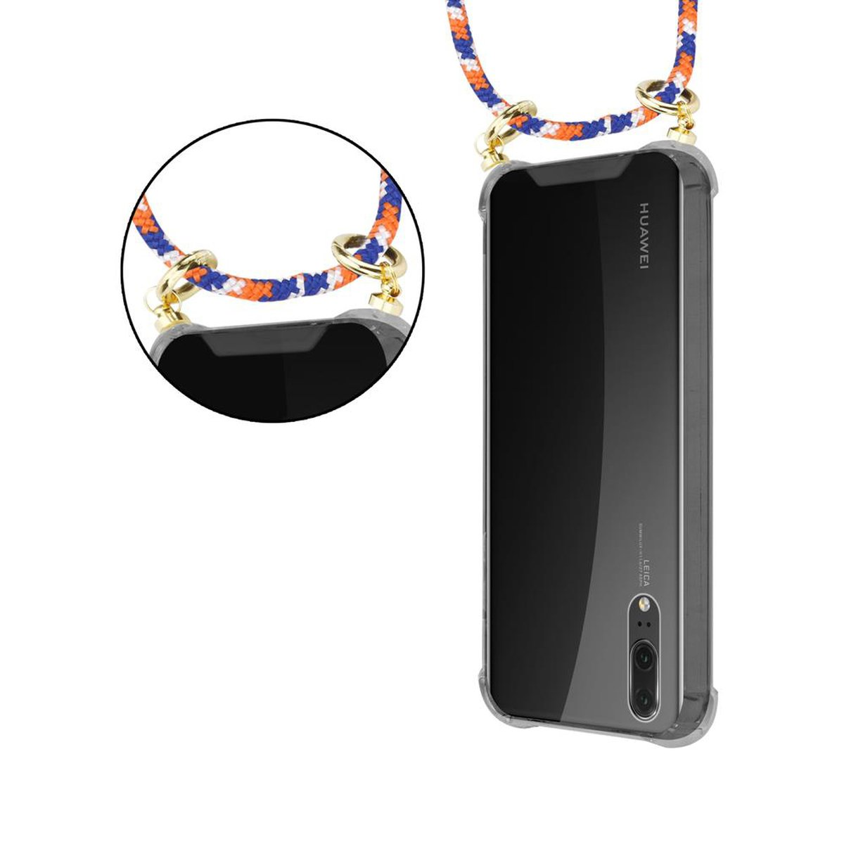 Handy Kordel Kette Backcover, BLAU CADORABO WEIß P20, Huawei, abnehmbarer Band ORANGE Hülle, Ringen, und Gold mit