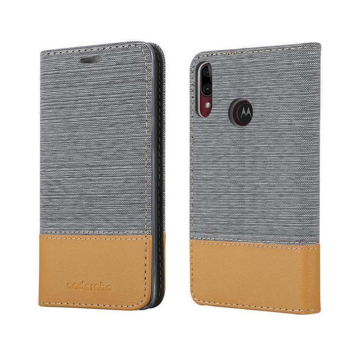 CADORABO Schutzhülle MOTO E6 PLUS, Motorola, Jeans GRAU Style, im Bookcover, BRAUN HELL Book