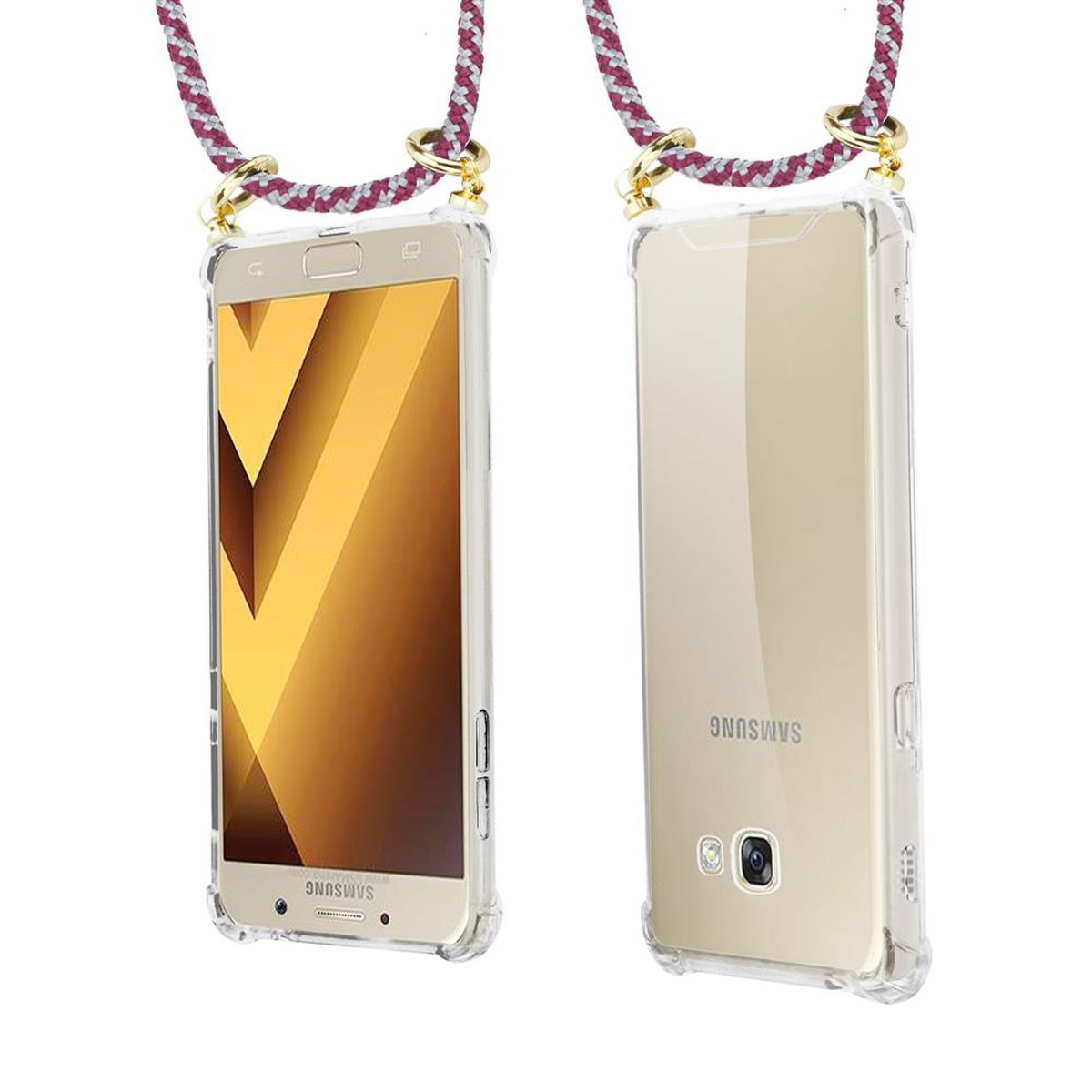 CADORABO Handy Kette mit abnehmbarer Backcover, Band ROT 2017, WEIß Ringen, und A5 Gold Hülle, Kordel Samsung, Galaxy