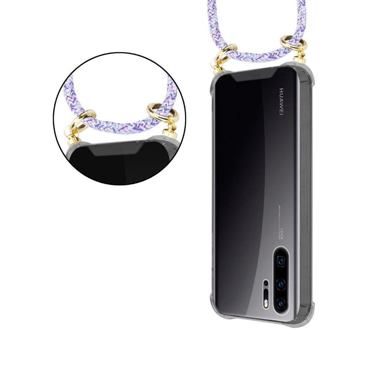 Un telefono Huawei con custodia trasparente e cordino viola e bianco.
