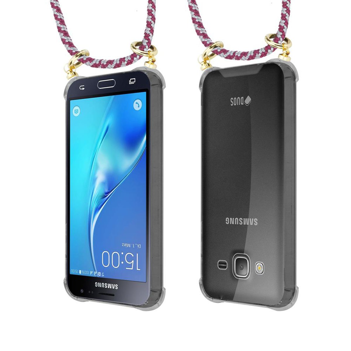 CADORABO Handy Backcover, mit Band Kordel Ringen, 2016, Samsung, ROT Kette abnehmbarer Galaxy J3 Gold und WEIß Hülle