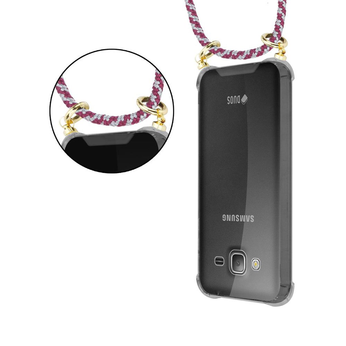 CADORABO Handy Kette mit Kordel WEIß Ringen, Hülle, Backcover, und ROT abnehmbarer Galaxy Band 2016, Samsung, J3 Gold