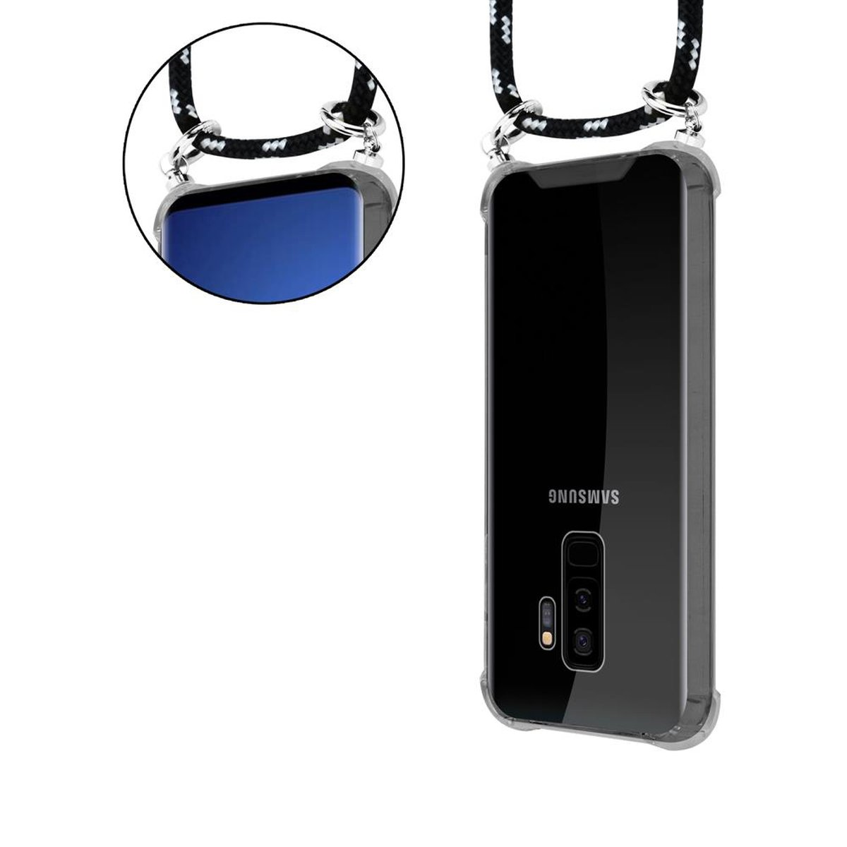 CADORABO Handy Kette mit Silber Galaxy Hülle, PLUS, Kordel Band und Backcover, abnehmbarer S9 Ringen, SILBER SCHWARZ Samsung