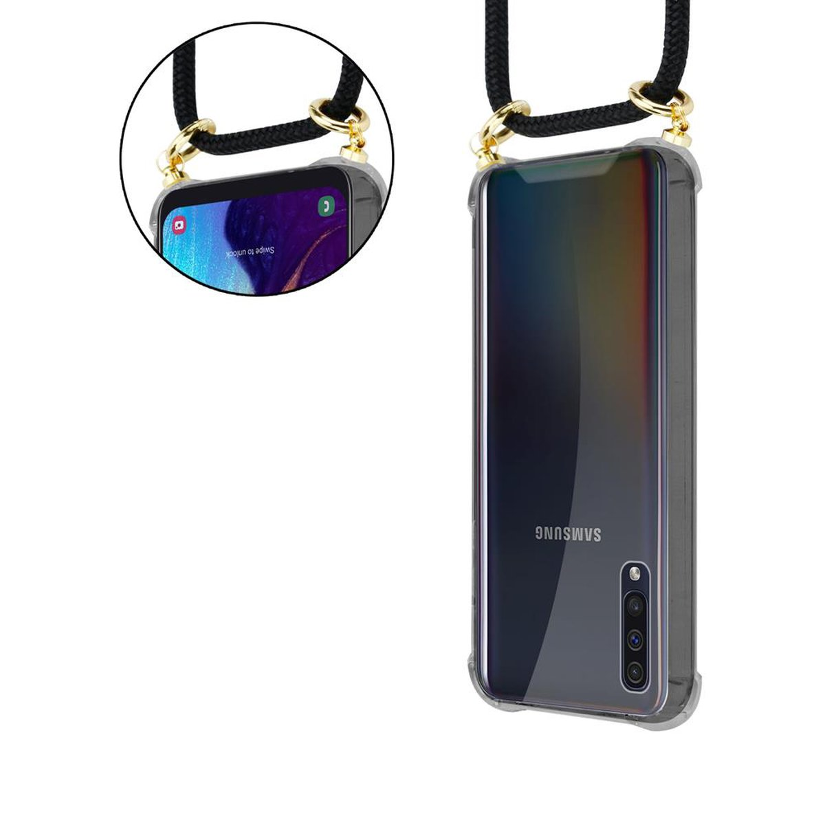 CADORABO Handy Kette abnehmbarer Backcover, / A30s, 4G Ringen, Gold / Kordel A50 A50s Galaxy Samsung, Band mit und Hülle, SCHWARZ