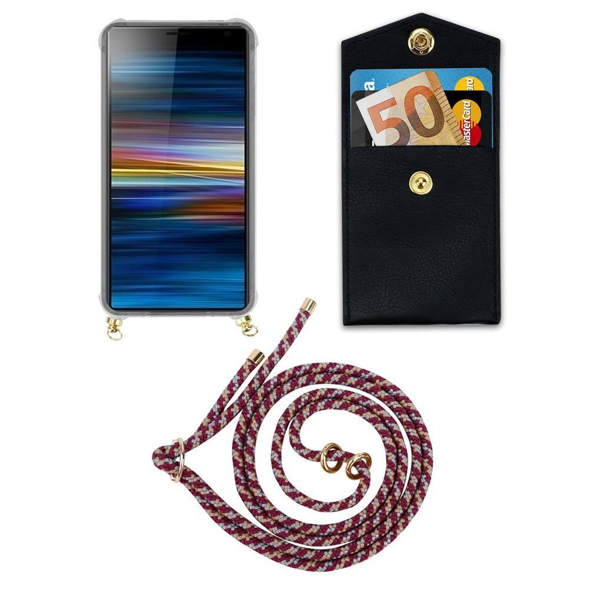 mit Xperia PLUS, Sony, WEIß 10 GELB Backcover, Hülle, Ringen, Kordel CADORABO Kette abnehmbarer Handy und Band ROT Gold