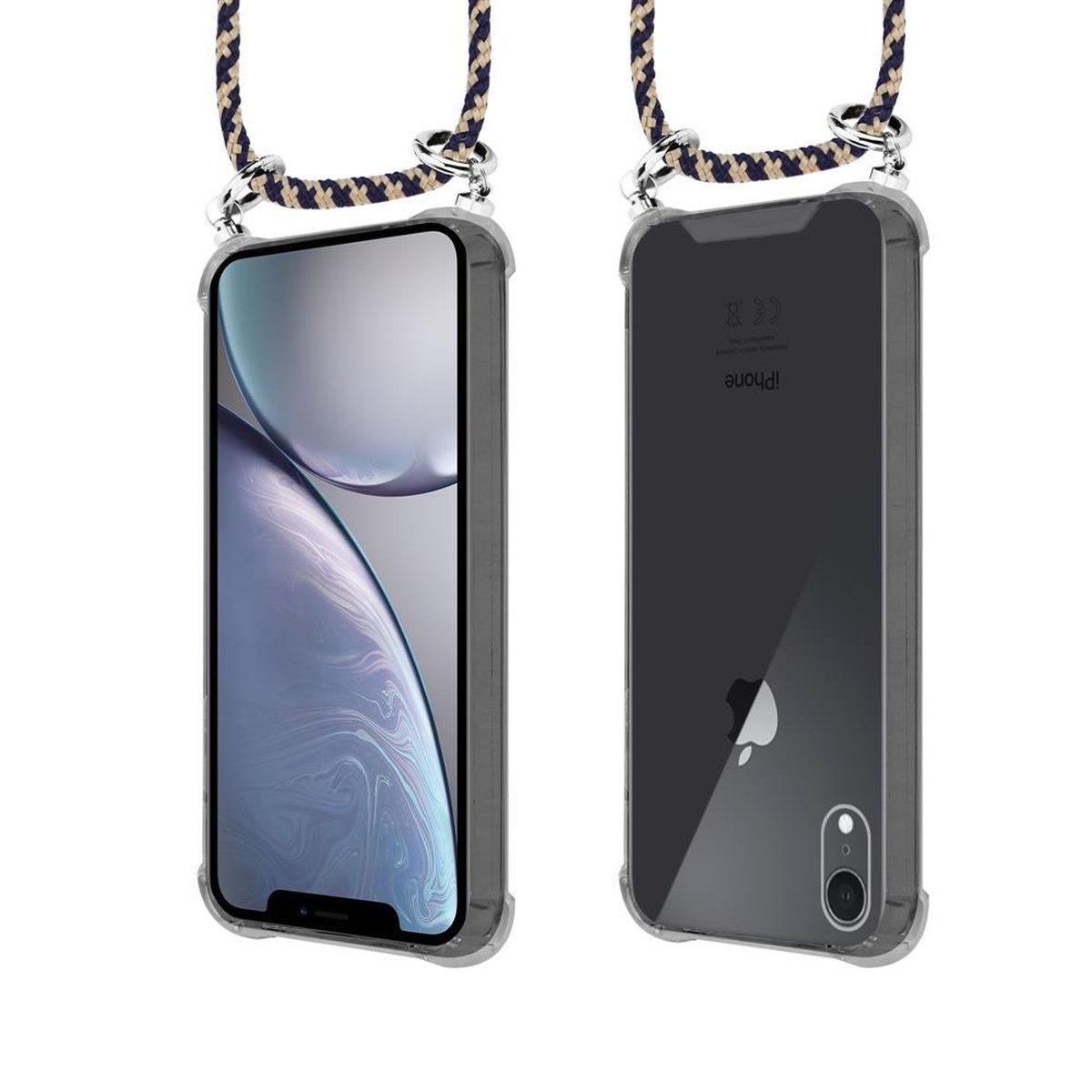 CADORABO Handy Silber XR, DUNKELBLAU iPhone Backcover, abnehmbarer Kordel GELB Hülle, Kette Apple, und Ringen, mit Band