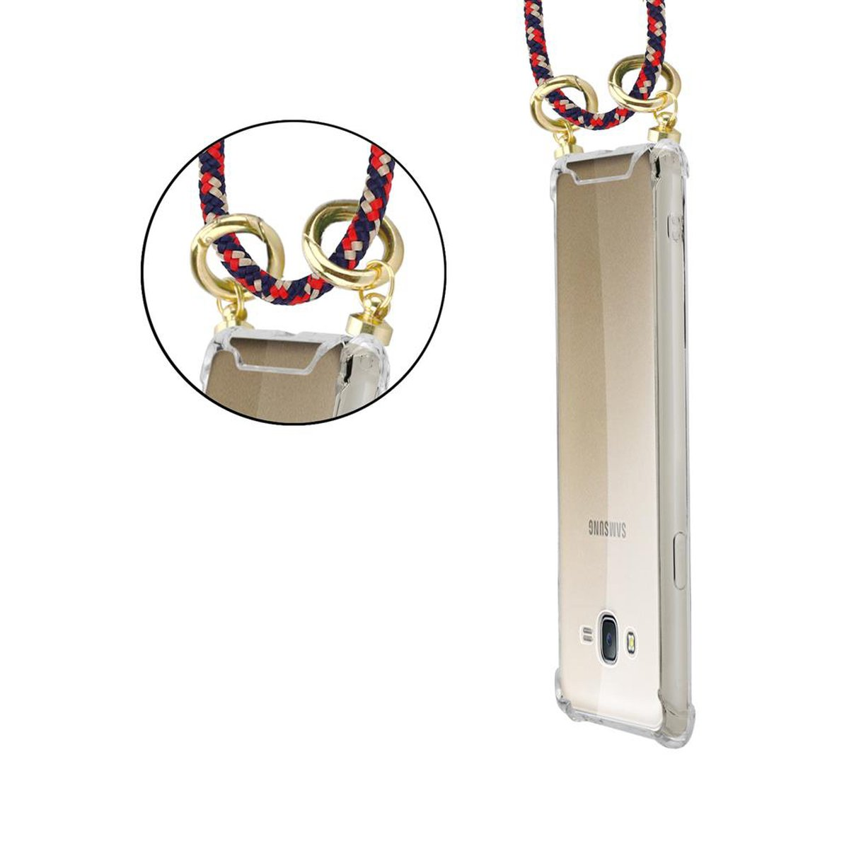 Telefono Samsung in custodia con cordino. Corda rossa e nera, anelli dorati. Custodia trasparente. Sfondo bianco.