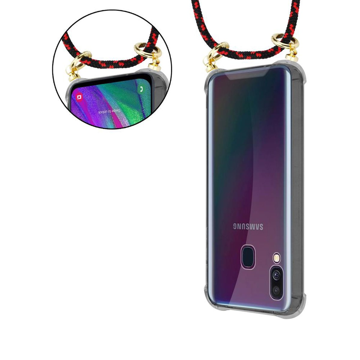 Custodia per telefono con cordino. Lo schermo del telefono mostra uno sfondo colorato. Sfondo bianco.