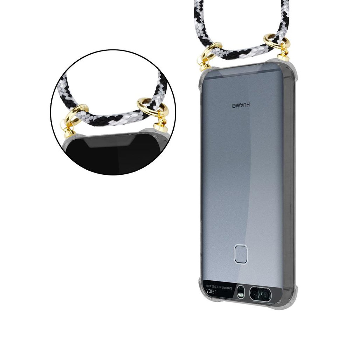 CADORABO Handy Kette mit und Band Hülle, P9, CAMOUFLAGE Gold Kordel SCHWARZ Huawei, abnehmbarer Backcover, Ringen