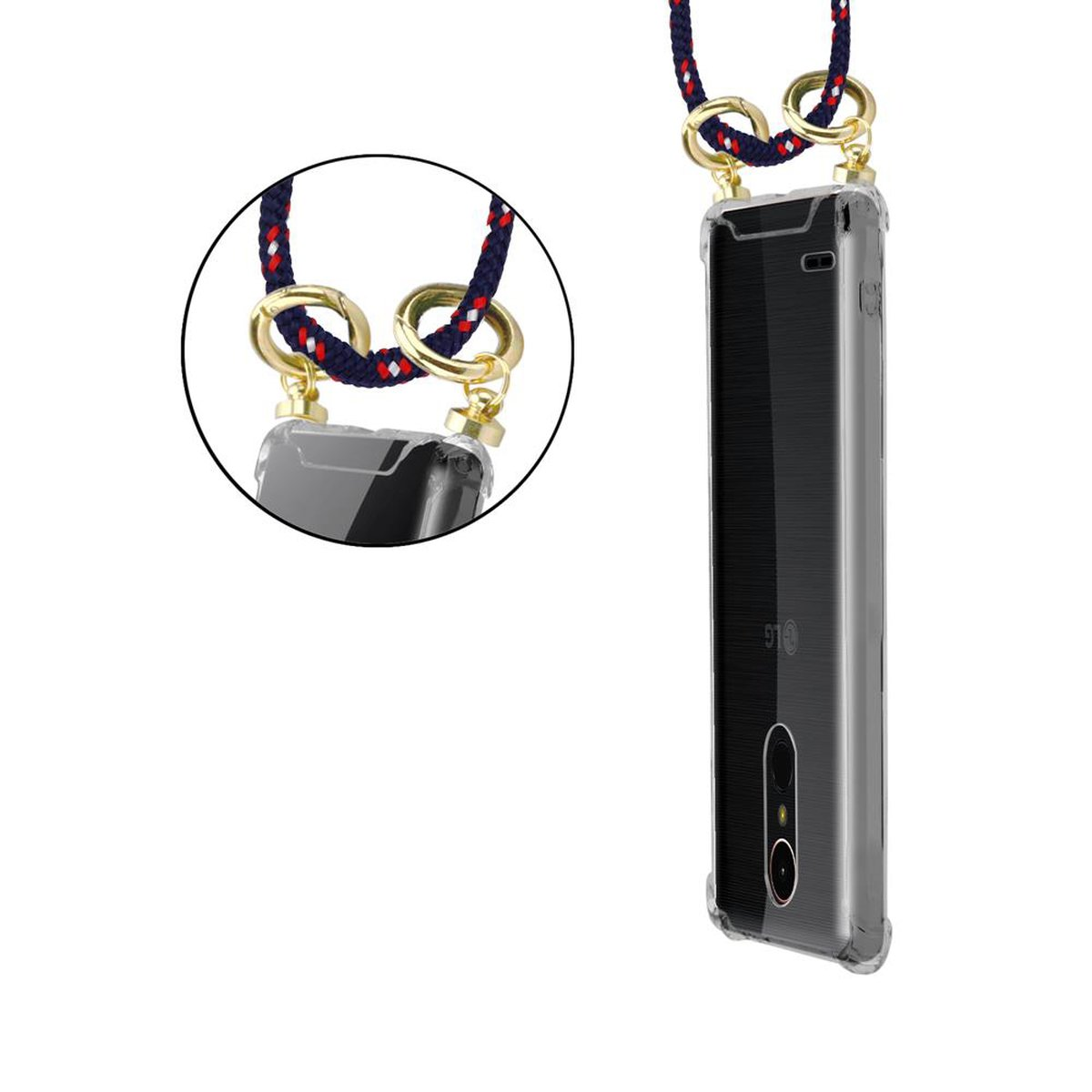Ein Telefon in einer transparenten Hülle mit einem Lanyard. Das Lanyard ist mit goldenen Ringen befestigt.
