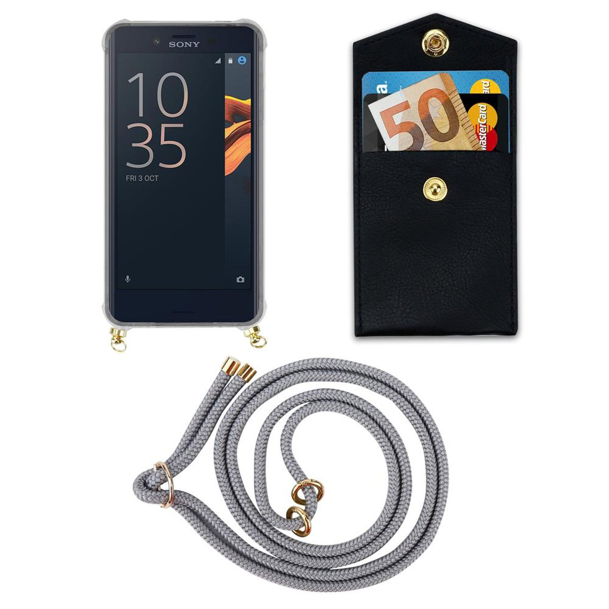 CADORABO Handy Kette mit abnehmbarer Ringen, GRAU Kordel und SILBER Xperia Hülle, Backcover, Band COMPACT, Sony, X Gold