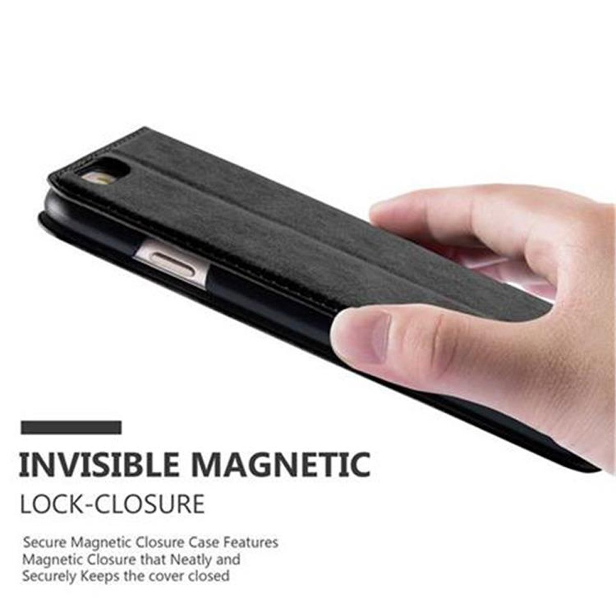 Mano che tiene una custodia nera per telefono. Testo: INVISIBLE MAGNETIC LOCK-CLOSURE.