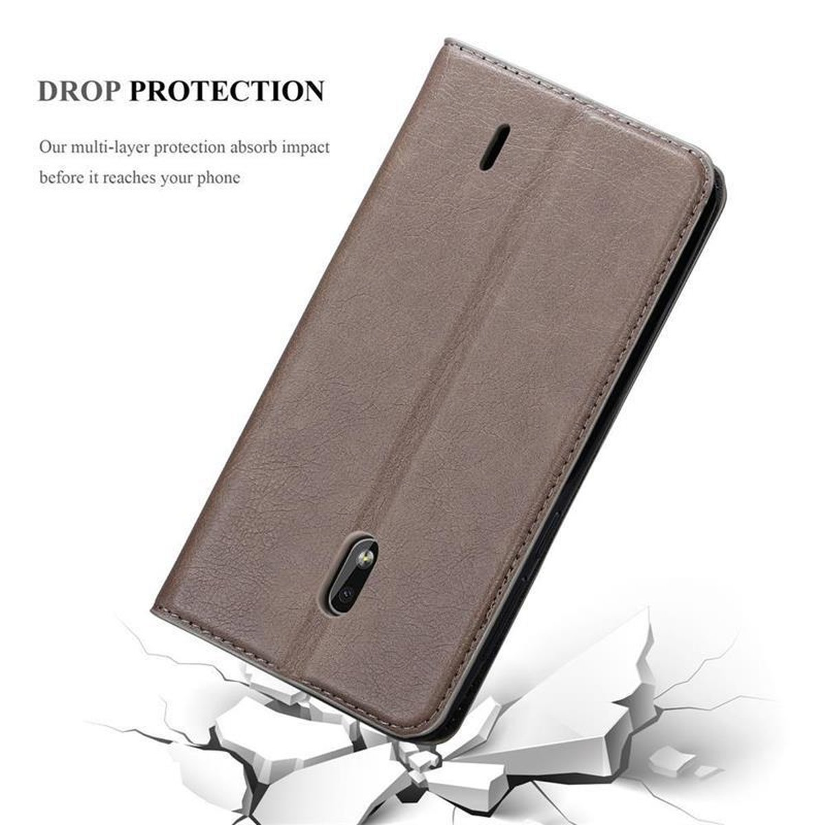 Braune Handyhülle mit Telefon und Text: 'Drop Protection'.