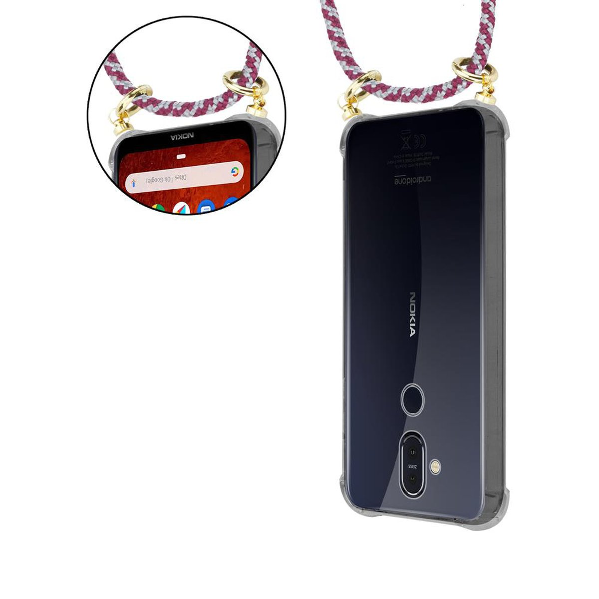 Kette Nokia, WEIß ROT Backcover, 8.1, Gold und CADORABO Ringen, abnehmbarer Hülle, mit Kordel Band Handy