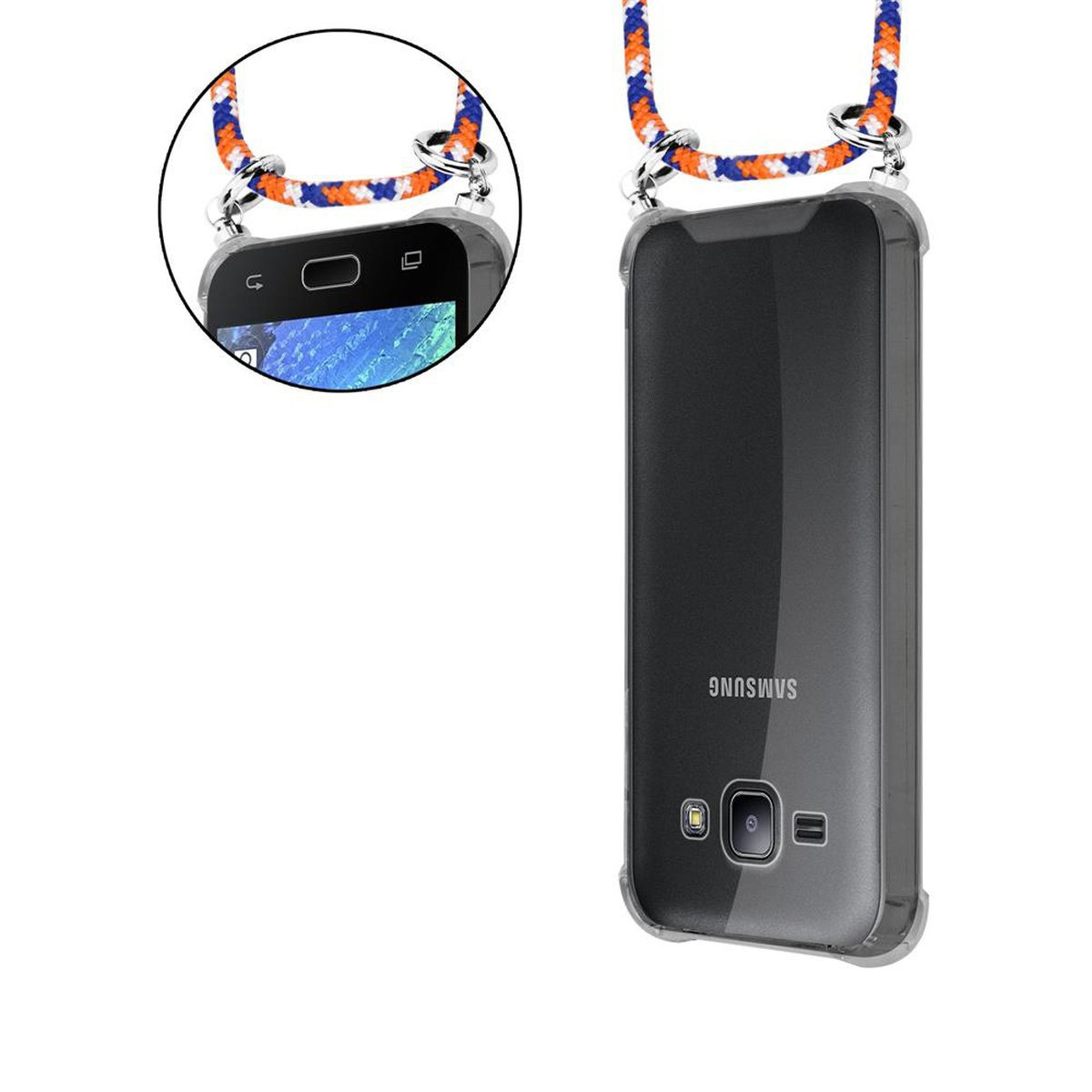 CADORABO Handy Ringen, Kordel 2015, J1 BLAU ORANGE Kette mit Samsung, Backcover, Silber Galaxy abnehmbarer Band und WEIß Hülle