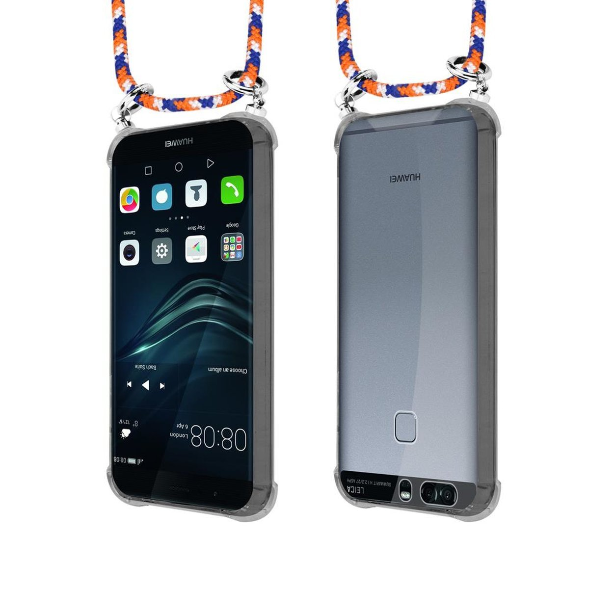 CADORABO Handy Kette mit Silber und Kordel Band ORANGE Huawei, P9, Hülle, abnehmbarer WEIß BLAU Ringen, Backcover