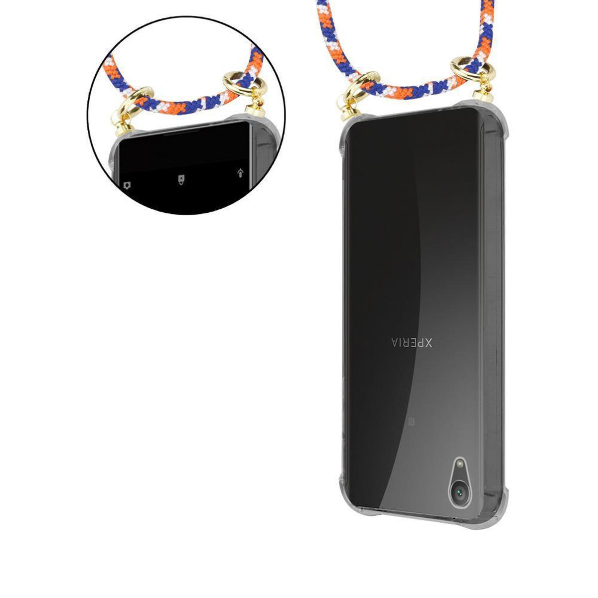 CADORABO Handy Band XA1 Sony, mit Hülle, Xperia ULTRA, WEIß abnehmbarer und Kette BLAU Gold ORANGE Kordel Backcover, Ringen
