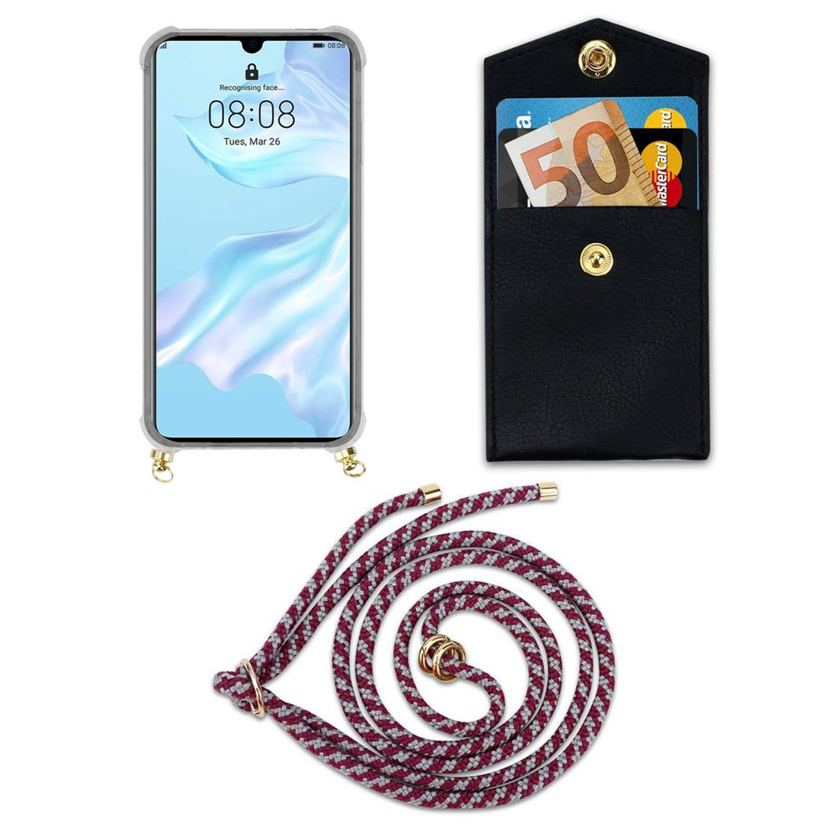 CADORABO Handy Kette mit Gold Huawei, Hülle, und Ringen, Kordel P30, abnehmbarer ROT Band WEIß Backcover
