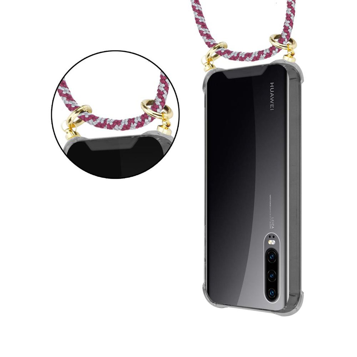 CADORABO Handy Kette mit Gold Huawei, Hülle, und Ringen, Kordel P30, abnehmbarer ROT Band WEIß Backcover