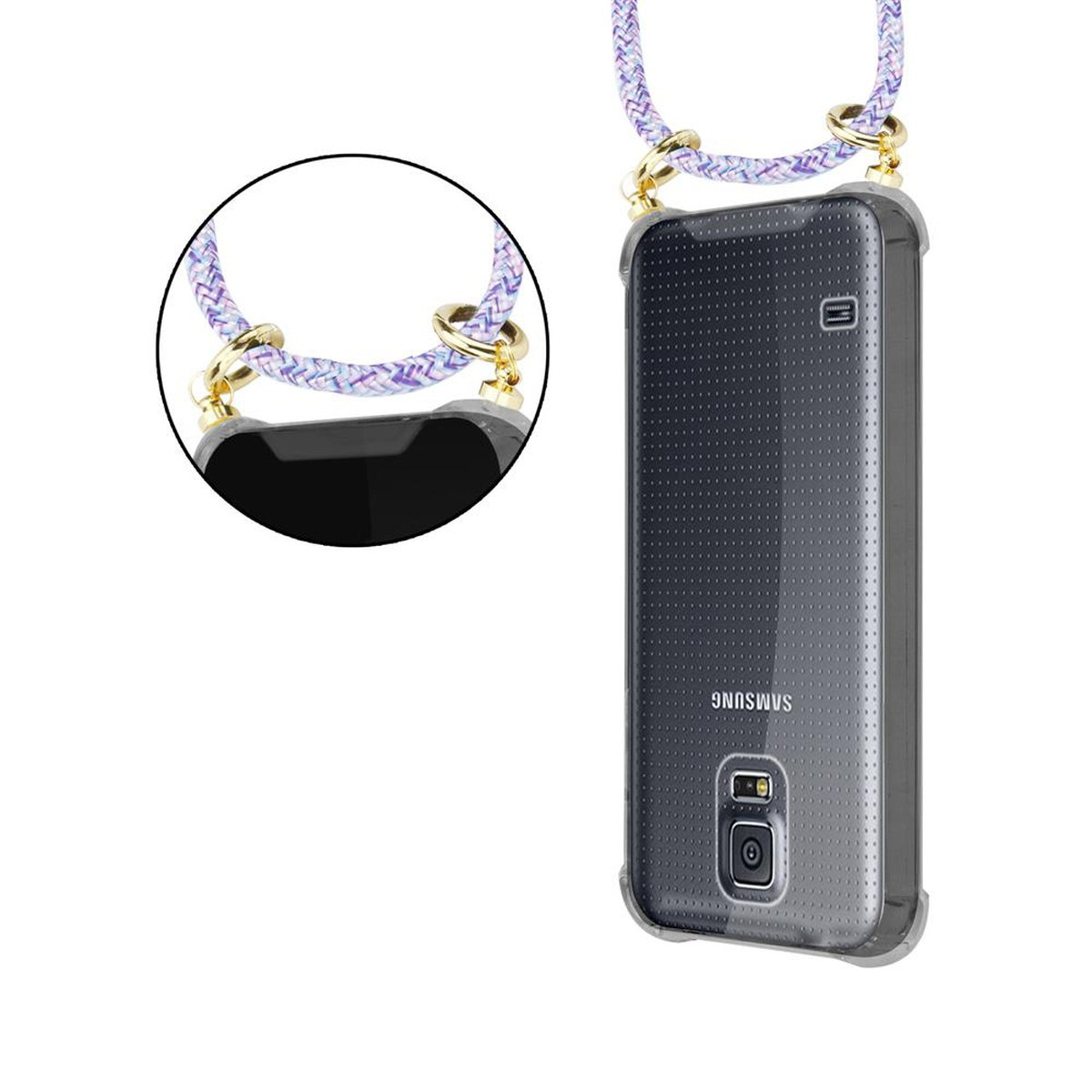 Custodia per telefono con cordino, trasparente con puntini neri. Cordino viola e bianco con anelli dorati.