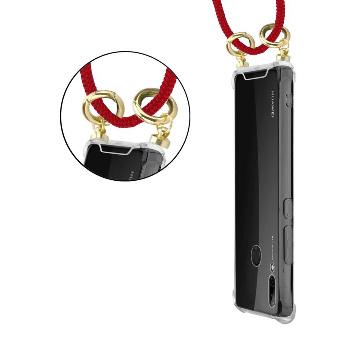 Una custodia trasparente per telefono con cordino rosso. Primo piano del telefono con anello d'oro.