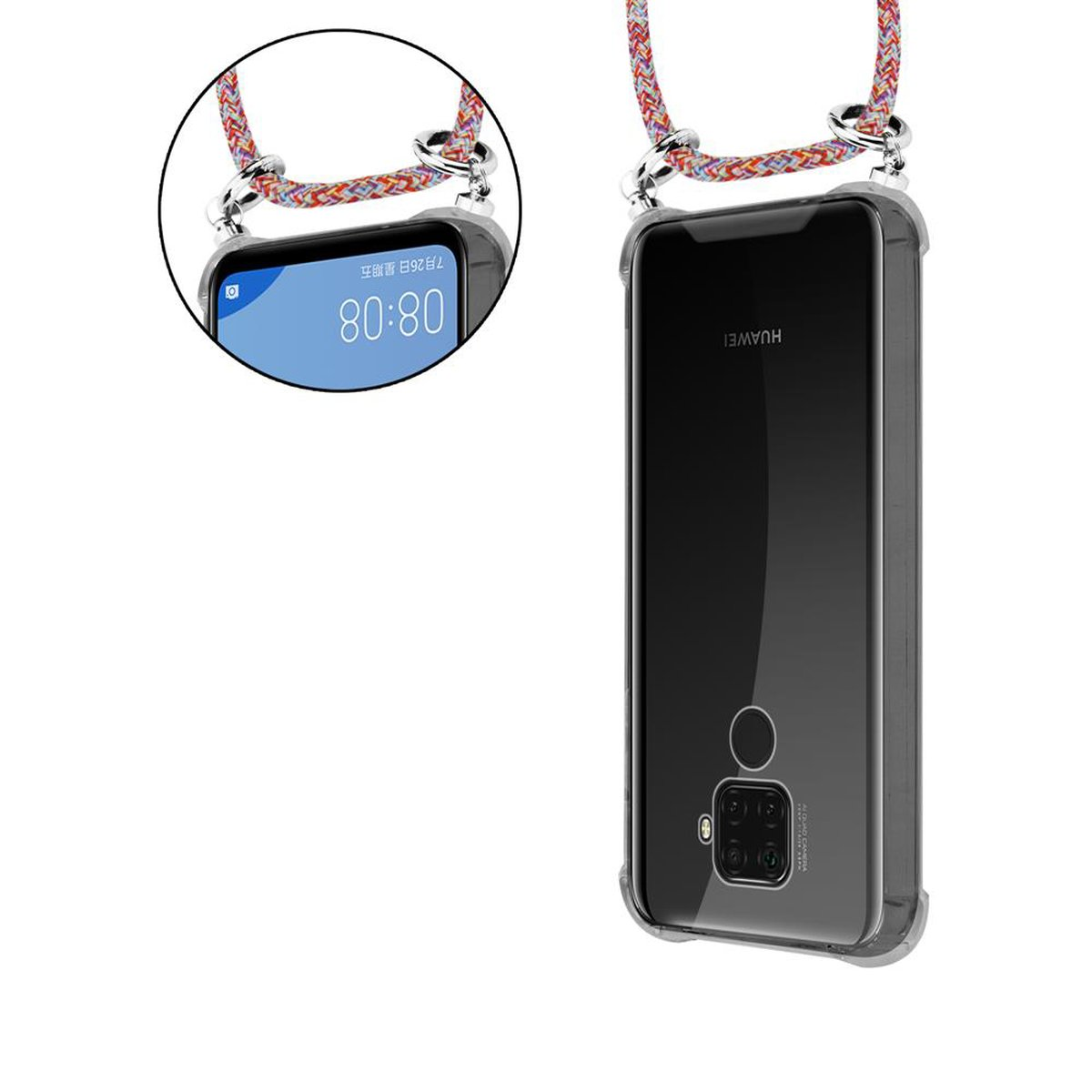 CADORABO Handy Ringen, mit Band abnehmbarer Hülle, Kette PARROT Kordel COLORFUL MATE Huawei, 30 LITE, und Backcover, Silber