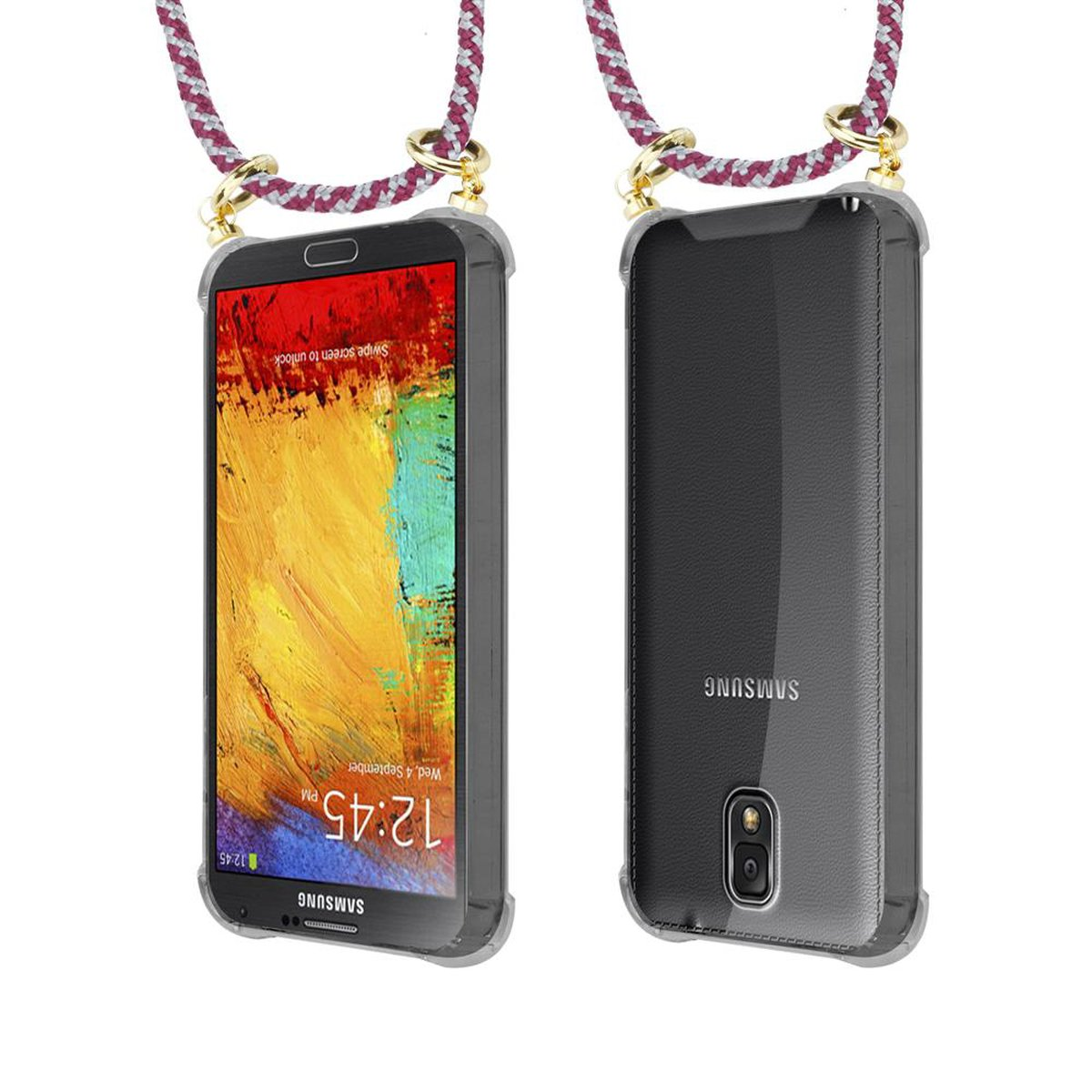 CADORABO Handy Kette mit Ringen, abnehmbarer 3, Band Kordel Gold NOTE ROT und Samsung, Hülle, Backcover, WEIß Galaxy