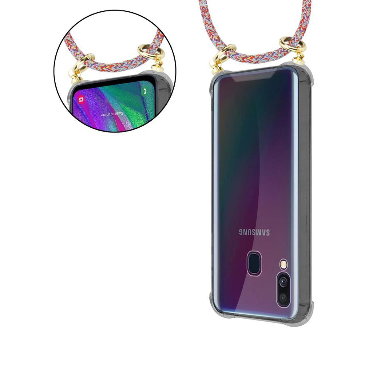 COLORFUL Samsung, abnehmbarer Gold Hülle, Handy und Backcover, Ringen, mit A40, PARROT Kette Kordel CADORABO Band Galaxy
