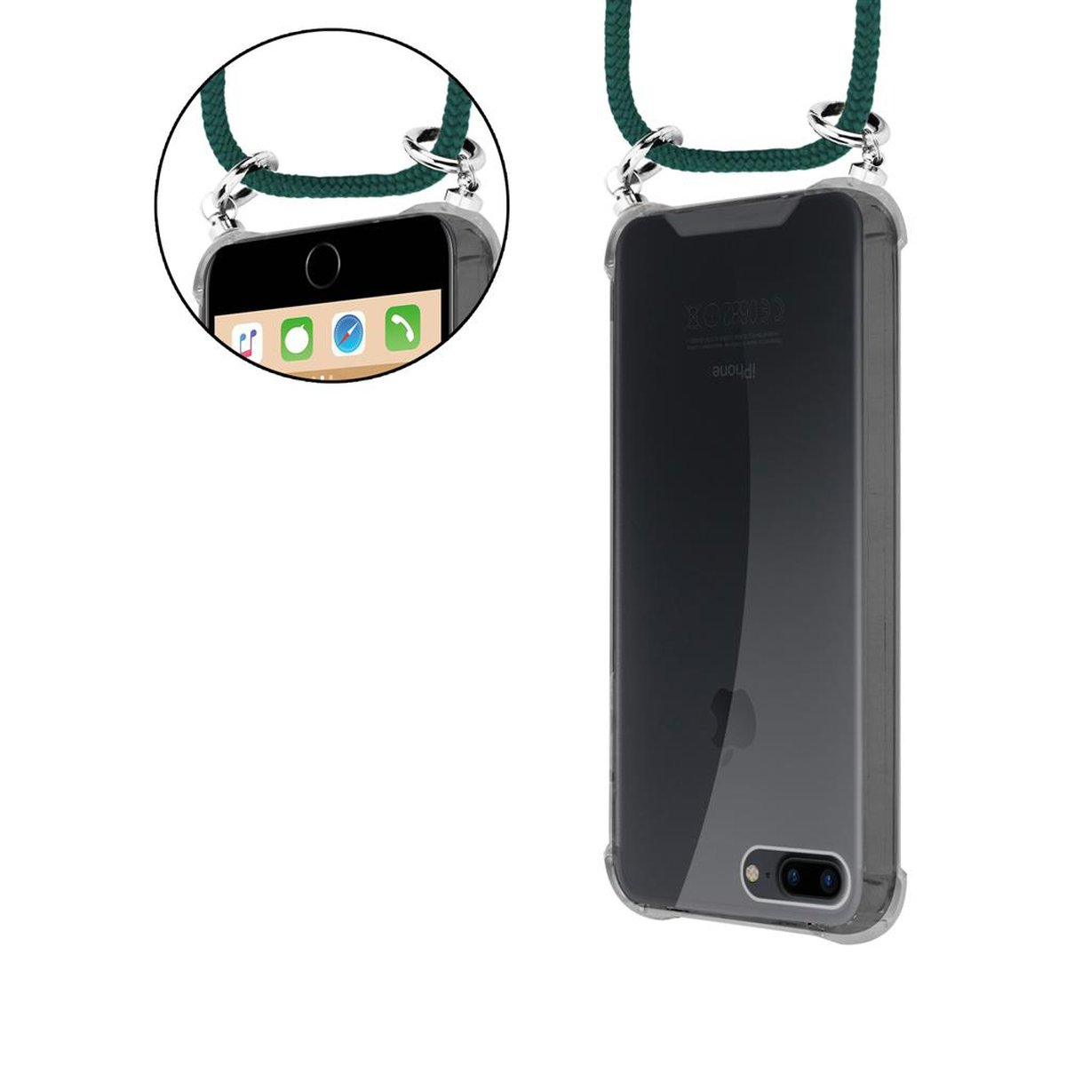 iPhone in custodia trasparente con cordino. Vista anteriore e posteriore. Logo Apple visibile.